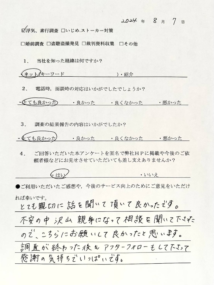 浮気、素行調査 I様アンケート