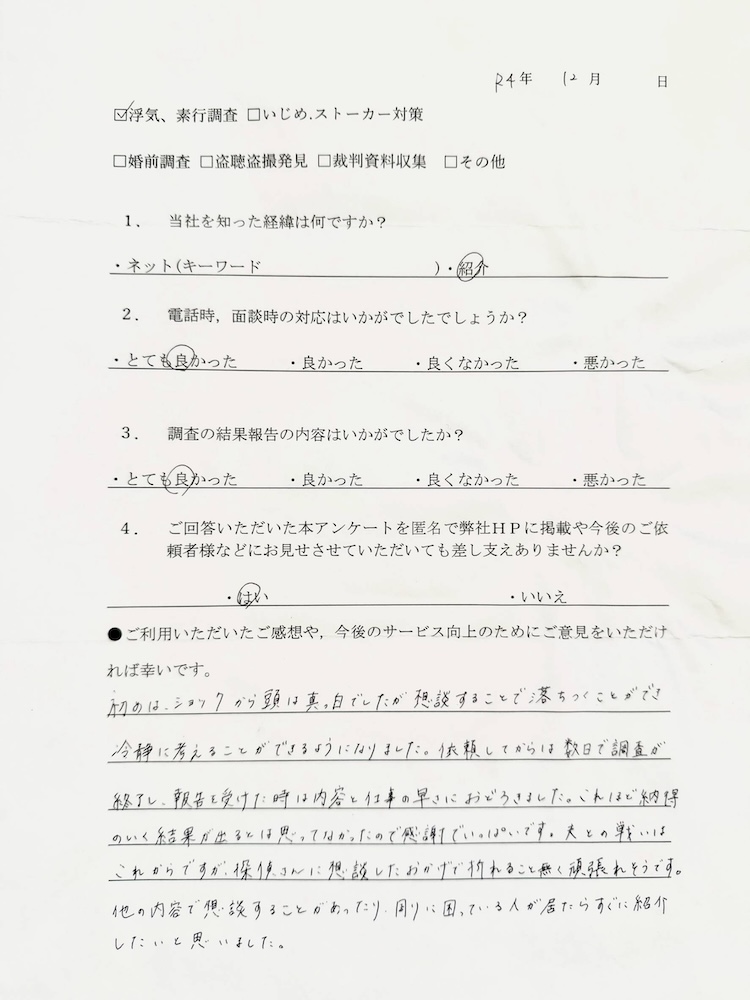 浮気、素行調査 I様アンケート