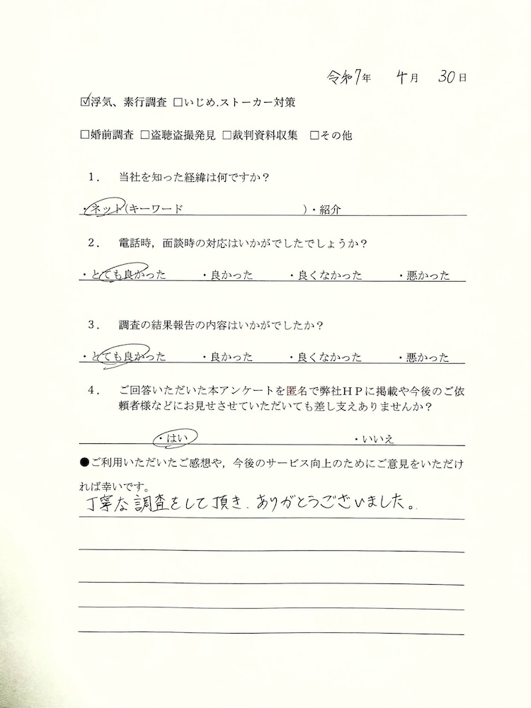 浮気、素行調査 A様アンケート