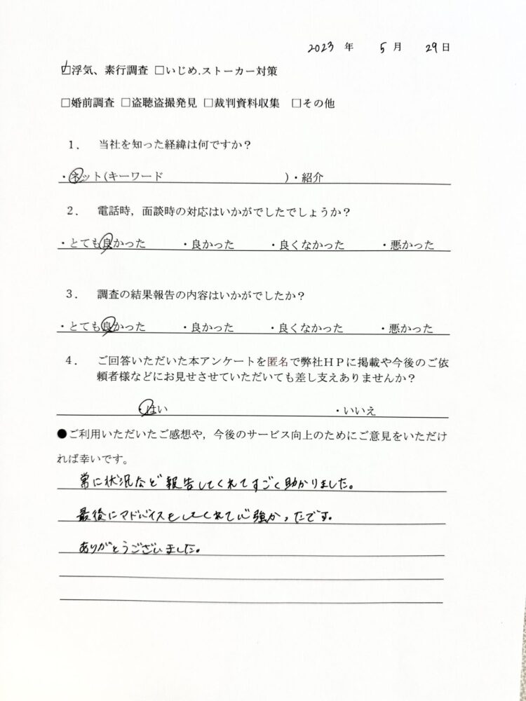 浮気、素行調査 I様アンケート