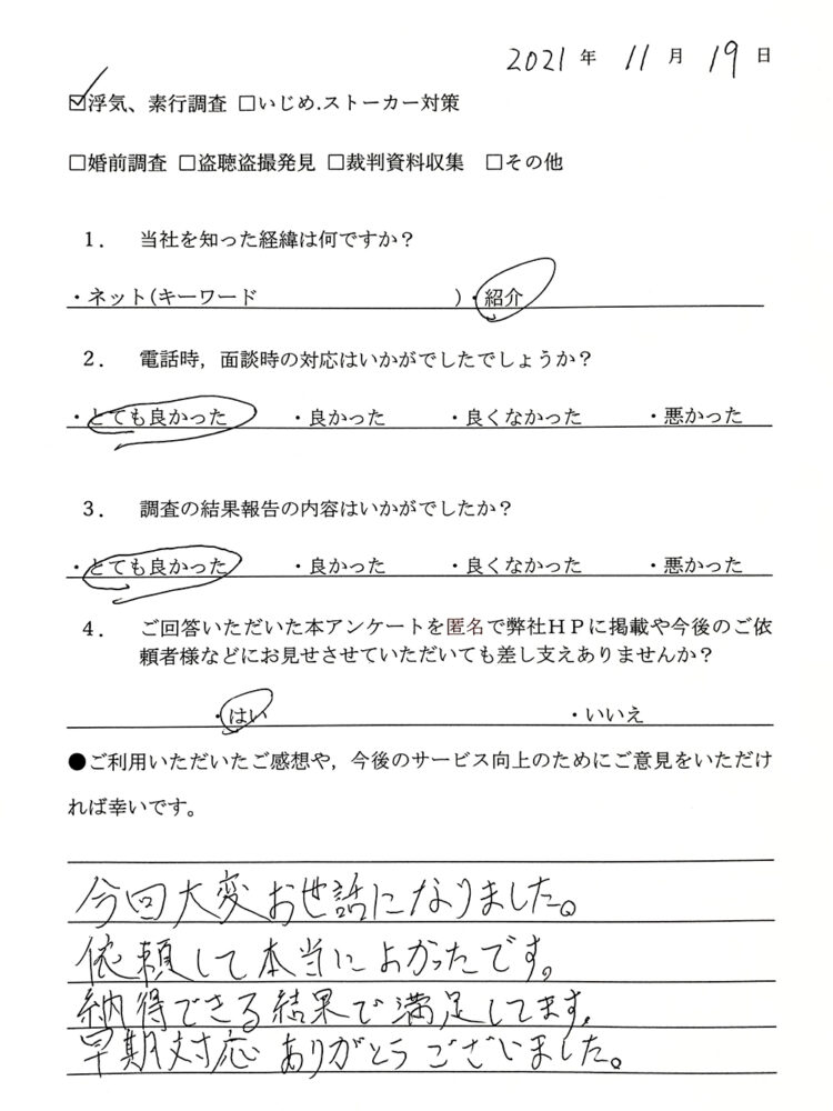 浮気、素行調査 I様アンケート