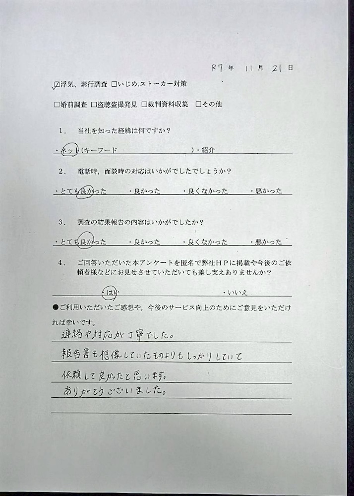 浮気調査、素行調査　F様アンケート