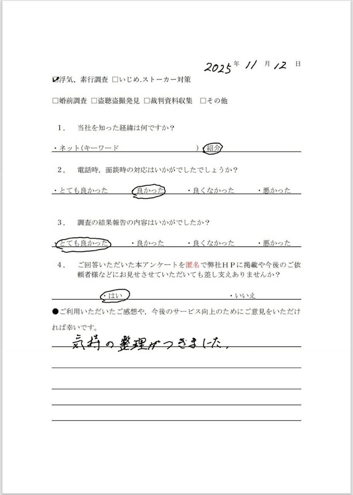 浮気調査、素行調査　R様