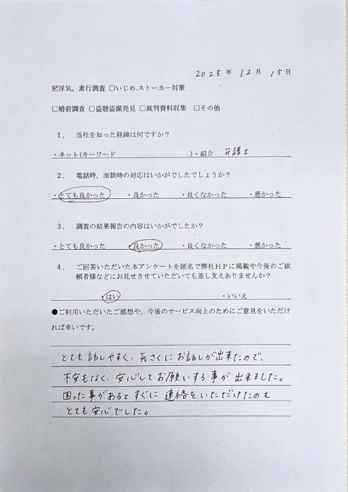 浮気調査、素行調査　F様