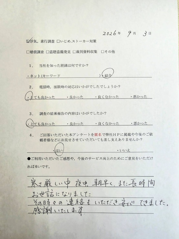 浮気、素行調査 J様アンケート