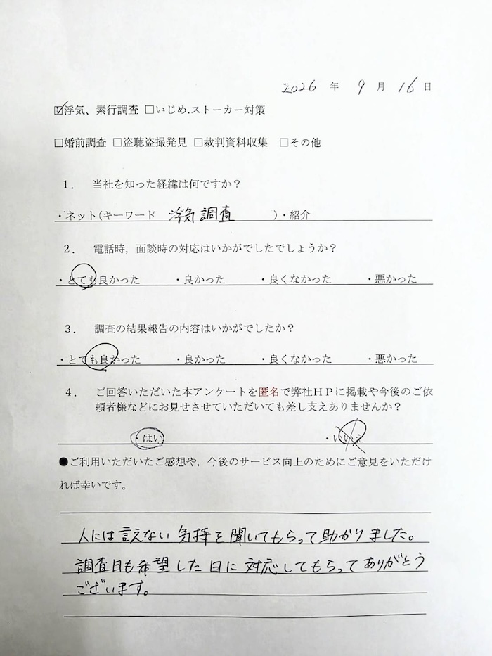 浮気、素行調査の依頼者からのアンケート